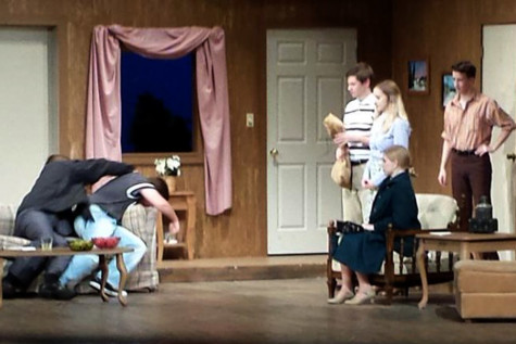 The cast of The Nerd rehearses a scene where Waldgrave disciplines Thor in Act 1.