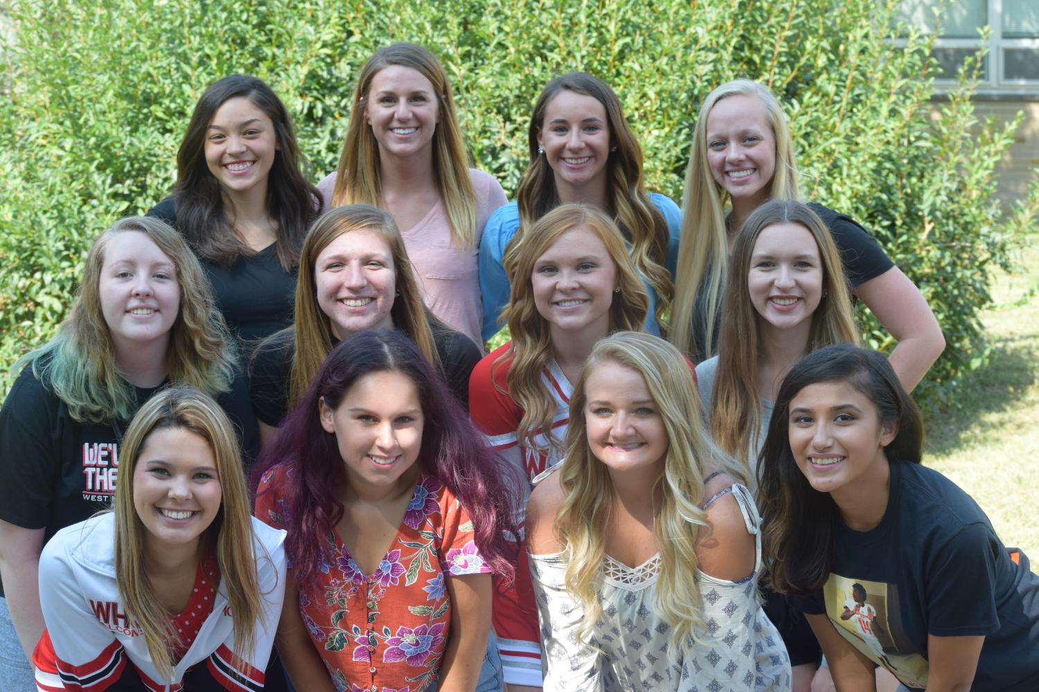The 2017 Homecoming Court, left to right-
Back row: Ciara Klinghammer, Sara Weisrock, Jayme Finn, and Courtney Schaeffer.
Middle Row: Cassaundra Wulf, Breelyn McMahon, Rachel McCollough, and Molly Kretschmer.
Front Row: Madilyn Adams, Whitney Martinez, Courtney Harris, and Dakota Tello-Goossens.