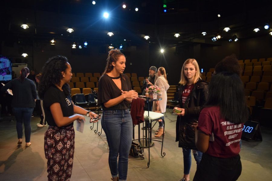 Professional American tennis player Madison Keys converses with Fearlessly Girl girls before show time.