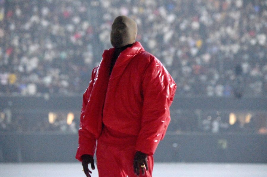 Kanye West wearing one of his signature outfits during the release of Donda. In the past, West has been known for his unique style, and this outfit is just another example.
