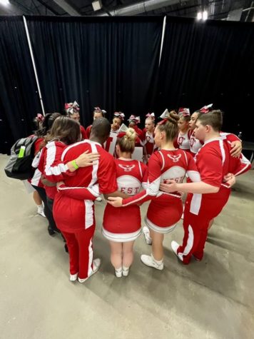 The Davenport West Competition Team has a team huddle right before they go out and perform at State. The team motivated each other with speeches and prepared each other to give their best performance.