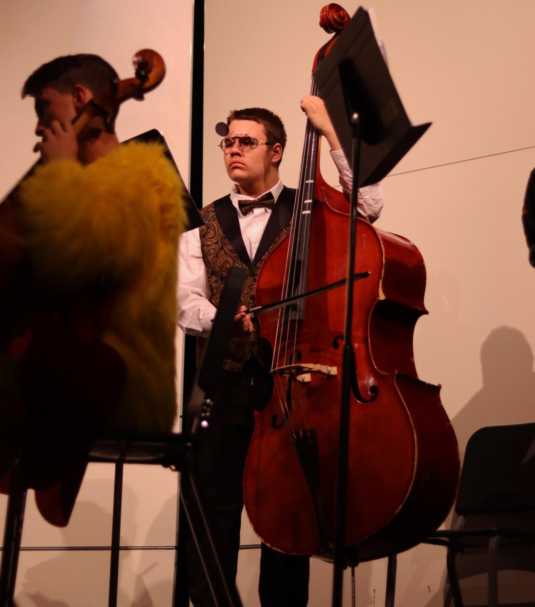 Aiden James '28 plays the bass during the concert in his costume. 