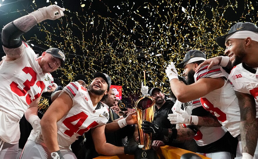 Ohio State celebrates after winning the 2025 College Football Playoff National Championship at Mercedes-Benz Stadium in Atlanta, Georgia on Monday Jan. 20, 2025. Eight-seed Ohio State beat seven-seed Notre Dame 34 to 23.