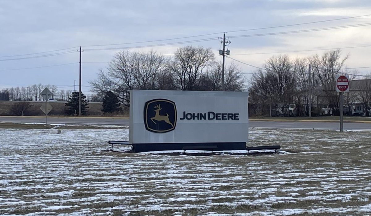 The sign outside the entrance of John Deere Davenport Works, where 80 workers were laid off in early January.