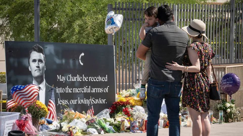 Supporters visit a memorial for Charlie Kirk at Turning Point USA’s headquarters in Phoenix, Arizona.